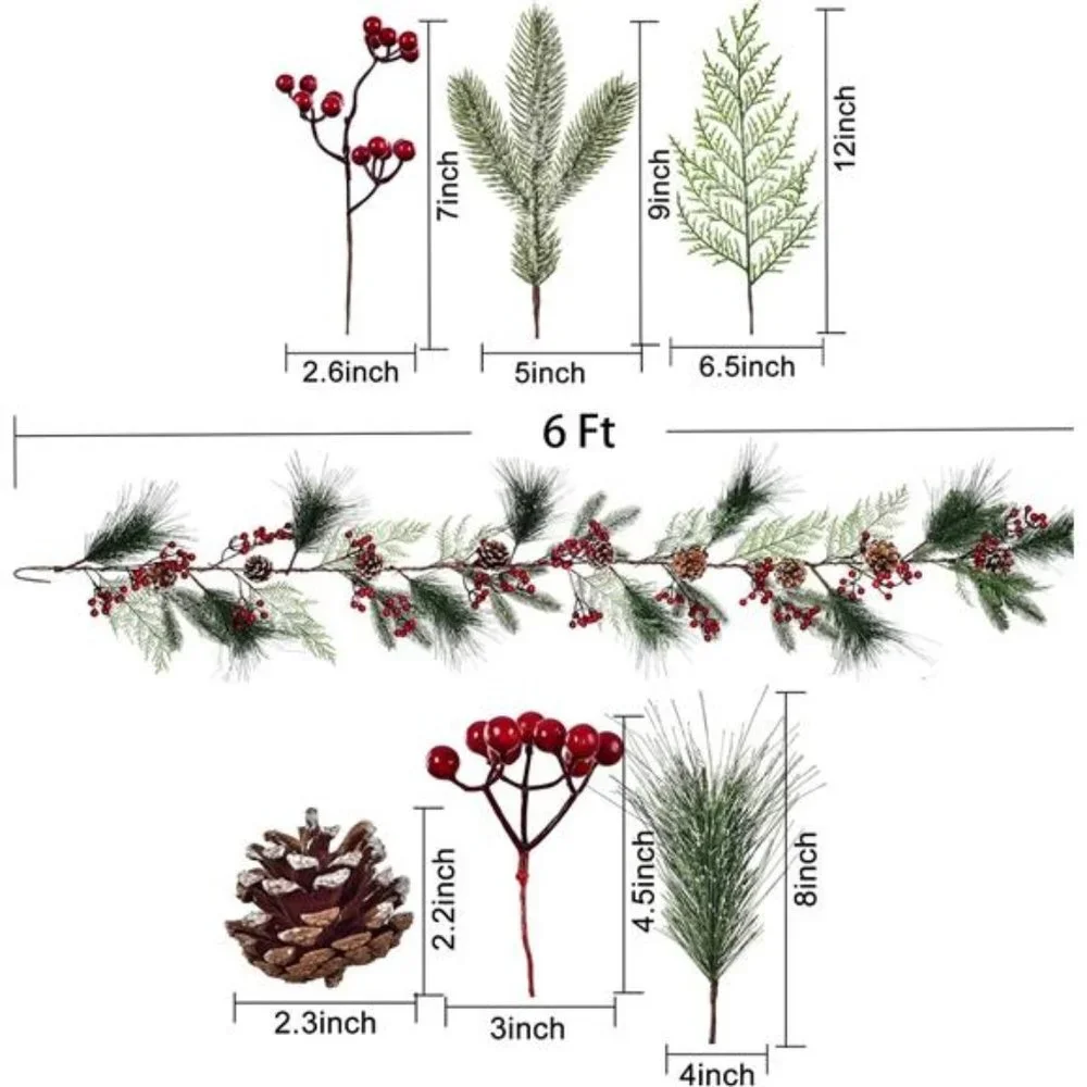 6 Feet Berry Garland Christmas Pine Garland with Berries Pinecones